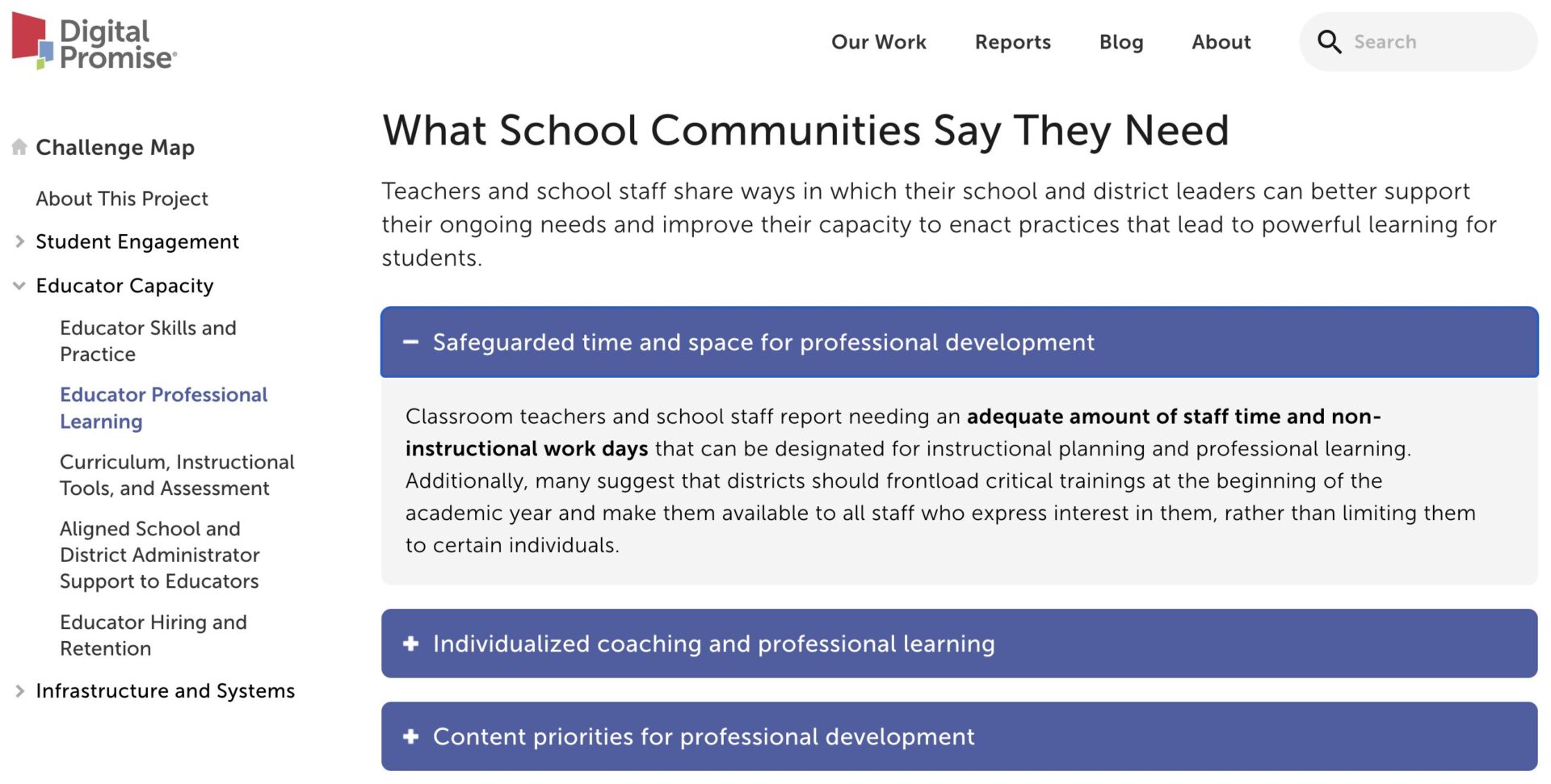A screenshot of a Digital Promise Challenge Map priority page, showcasing a new feature called, "What School Communities Say They Need."