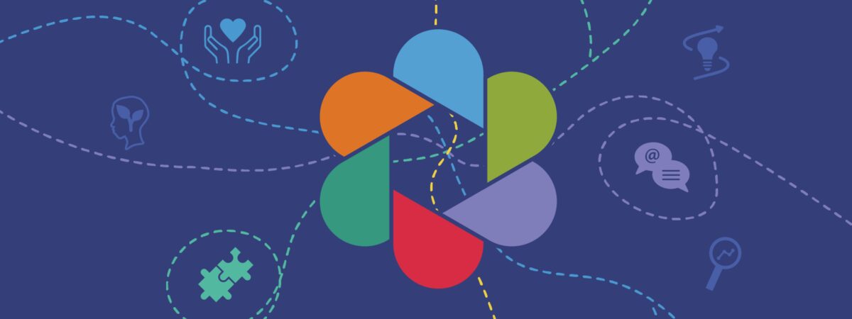Colorful abstract flower-like icon with six petal shapes in orange, blue, green, purple, red, and teal on a dark blue background, surrounded by dashed lines connecting various icons including a heart in hands, lightbulb, speech bubbles, magnifying glass, puzzle pieces, and a head with leaves.