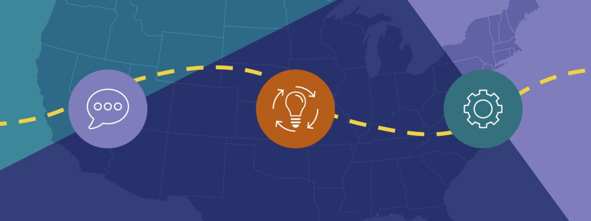 A map of the US overlaid with a teal, navy blue, and purple design and an icon of a dialogue box, a lightbulb with rotating arrows around it, and a gear.