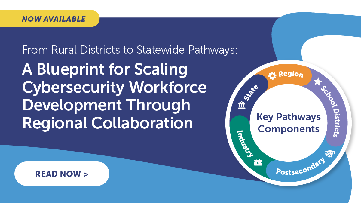 A graphic promoting the release of a new report titled, "From Rural Districts to Statewide Pathways: A Blueprint for Scaling Cybersecurity Workforce Development Through Regional Collaboration." To the right is Digital Promise's blueprint cycle that denotes the five key components needed for a statewide pathways scale up.