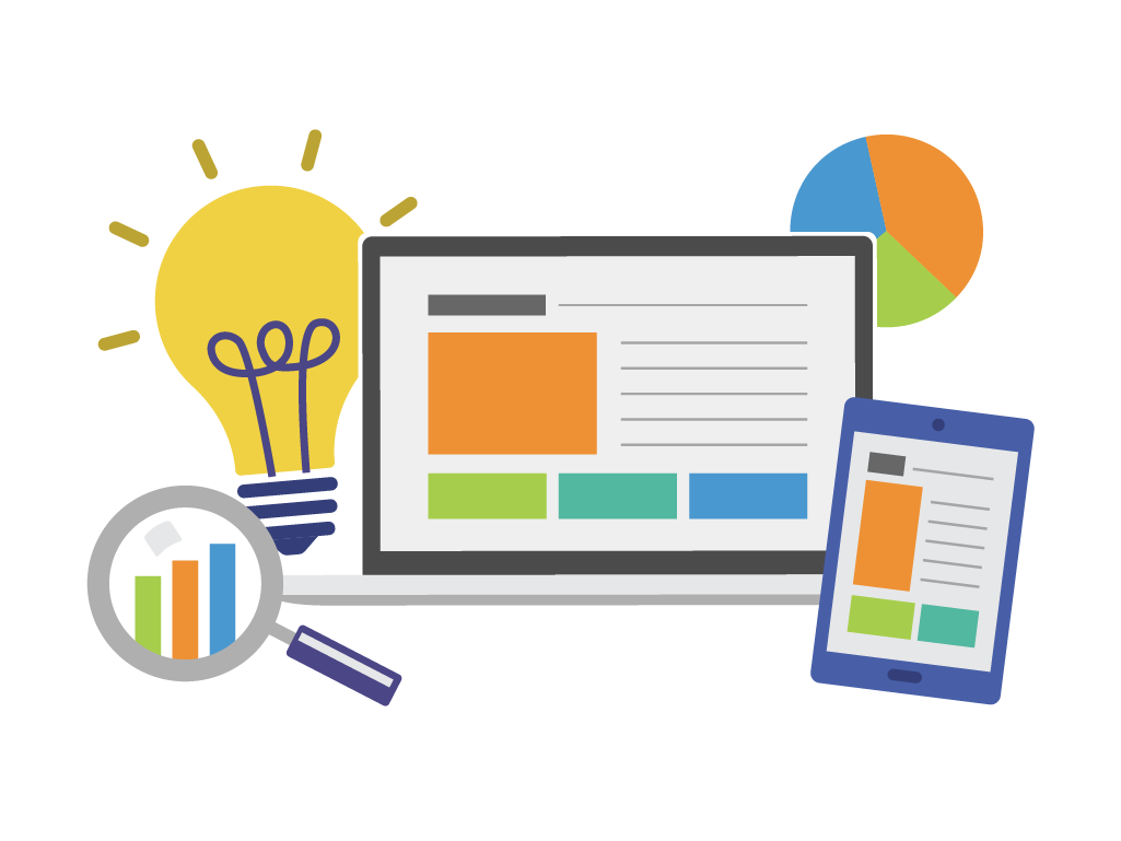 Illustrated graphic with a magnifying glass looking at a bar chart; a light bulb; a laptop; a table; and a pie chart