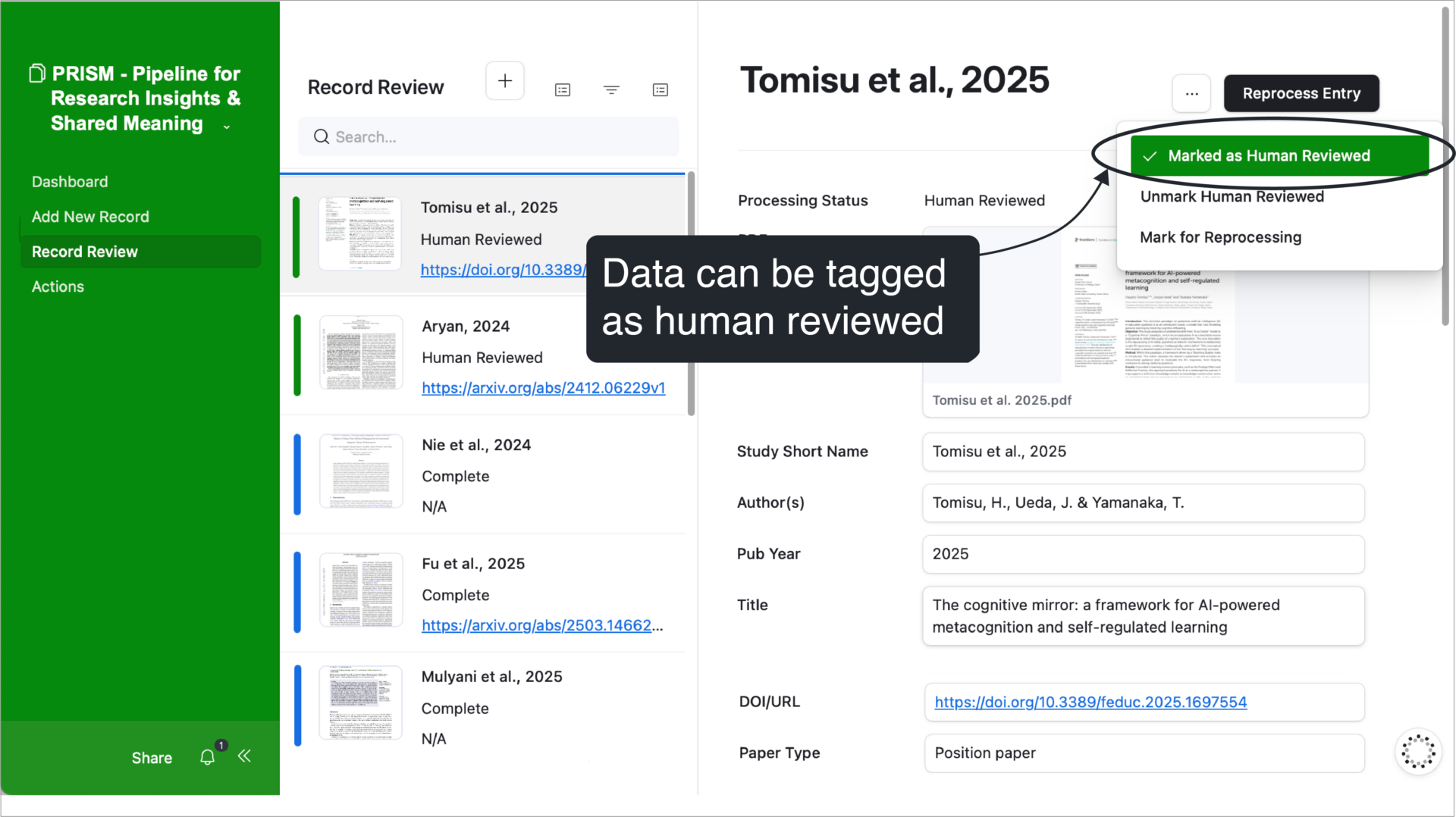 Screenshot showing a list of research records. One record, “Tomisu et al., 2025,” is highlighted with a dropdown option labeled “Marked as Human Reviewed.” A callout explains that data can be tagged as human reviewed.