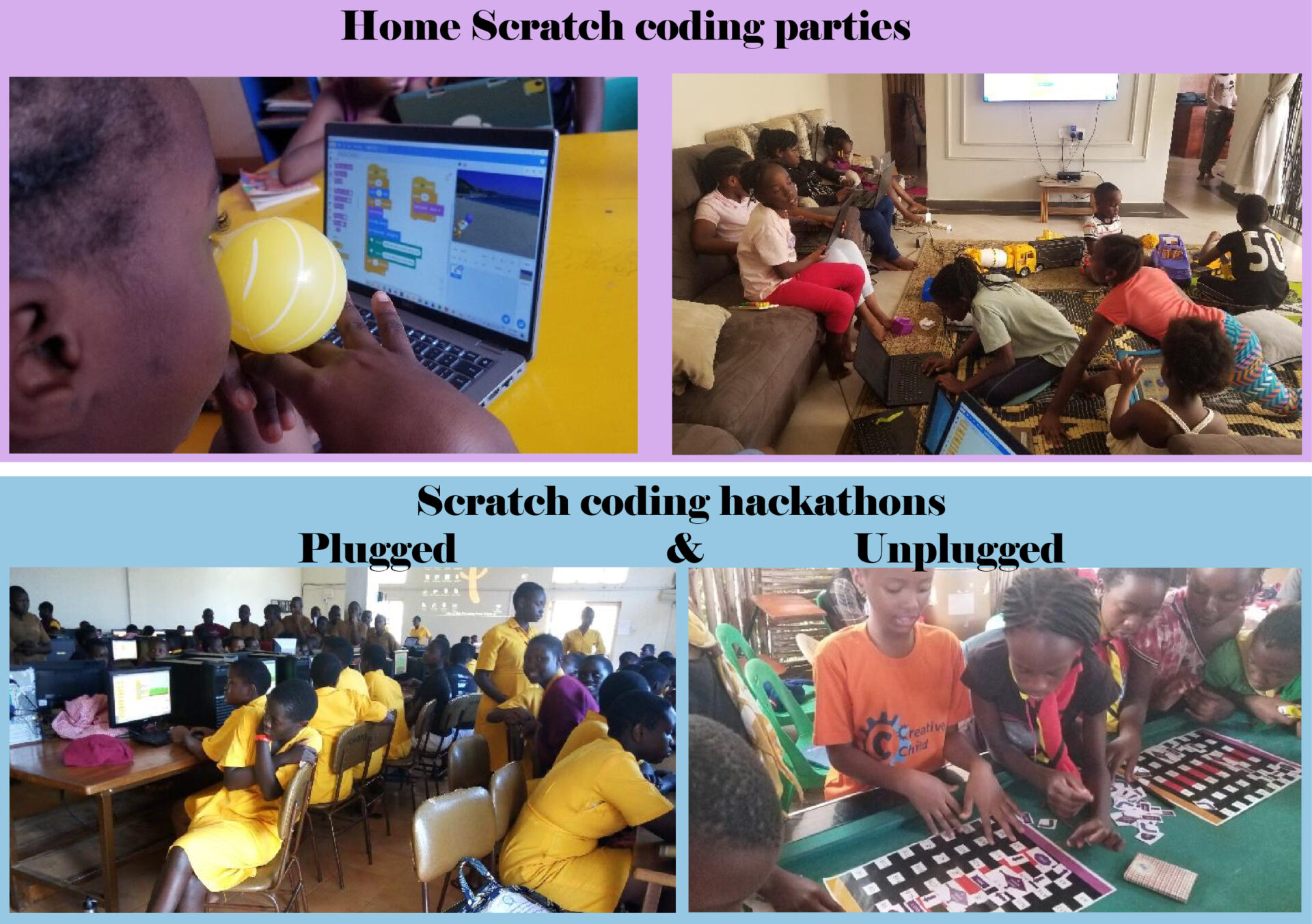 A collage of four images of students working in a living room and in their classroom, along with text that reads "home Scratch coding parties" and "Scratch coding hackathons, plugged and unplugged"