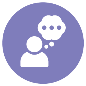 Purple circle with white icon of a person with a thought bubble