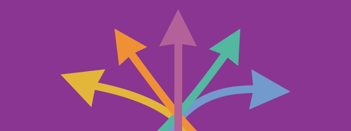 A graphic of five arrows—yellow, orange, purple, turquoise, and blue—branching off in different directions on a purple background.