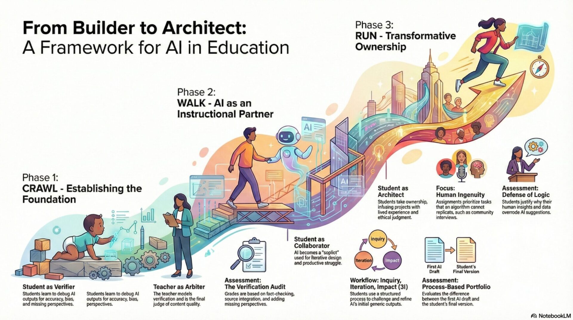 Infographic titled "From Builder to Architect: A Framework for AI in Education" showing three progressive phases. Phase 1 (Crawl - Establishing the Foundation) depicts a child with building blocks, emphasizing students as verifiers who debug AI for accuracy and bias, with teachers as arbiters of content quality. Phase 2 (Walk - AI as an Instructional Partner) shows a figure walking alongside an AI robot toward a cityscape, with students as collaborators using AI for iterative design, assessed through verification audits and a workflow of inquiry, iteration, and impact. Phase 3 (Run - Transformative Ownership) illustrates figures running dynamically forward, with students as architects who infuse projects with lived experience and ethical judgment, focusing on human ingenuity tasks AI cannot replicate, assessed through defense of logic where students justify why their insights override AI suggestions.