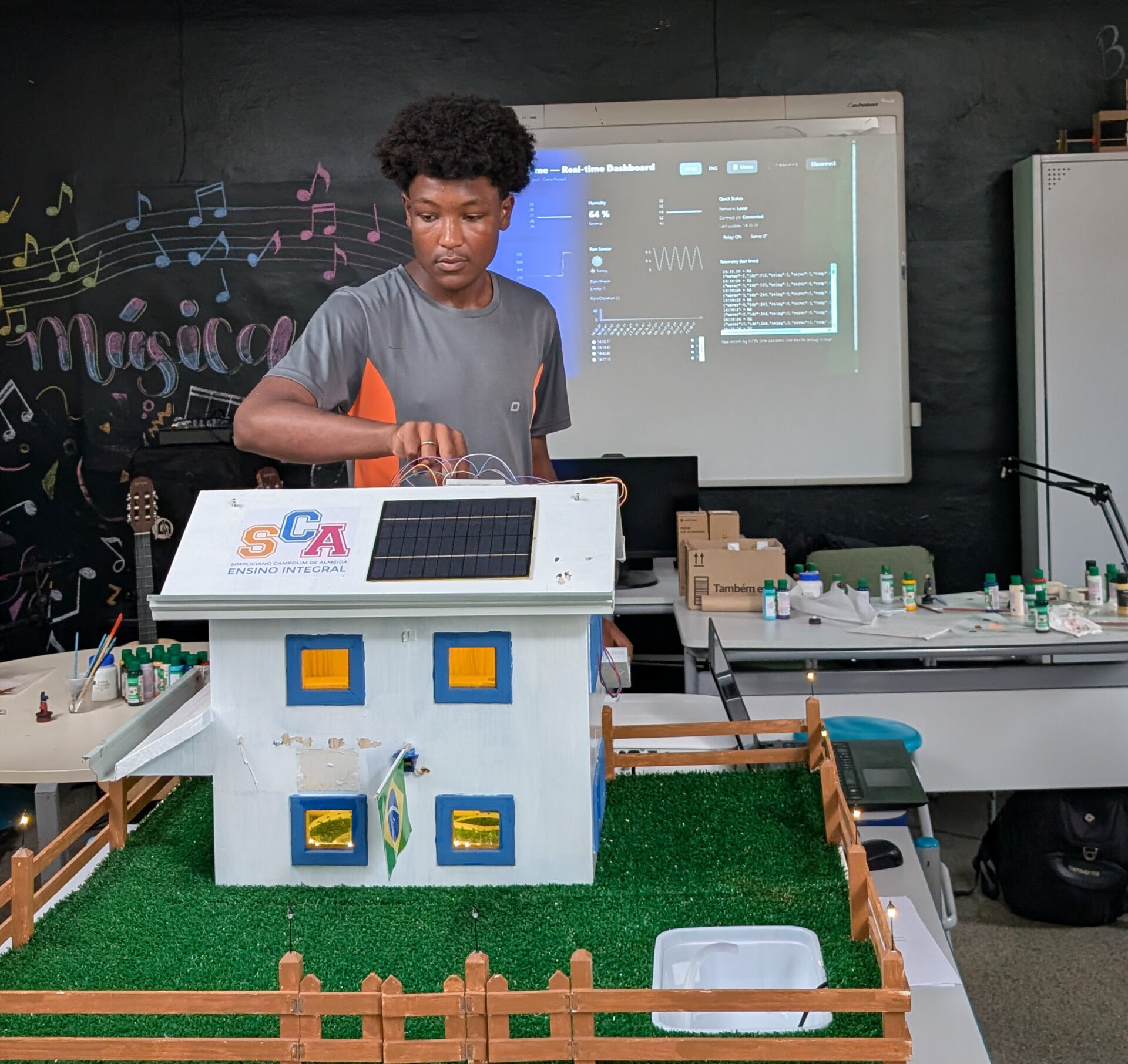 A student works with a model of a house. He stands in front of a screen showing a data dashboard. 