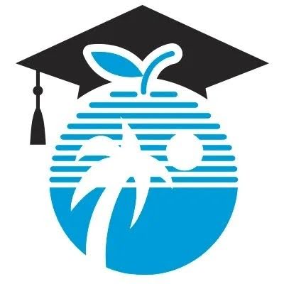 Broward County Public Schools logo with a white palm tree in a blue apple with a graduation cap on top