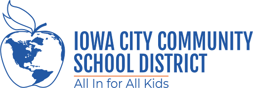 Iowa City Community School District logo that has an apple with a globe on it with the words below the school district name All in for All Kids