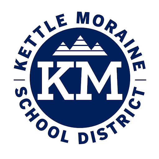 Kettle Moraine School District logo with a blue circle in the middle with KM and mountains inside it 