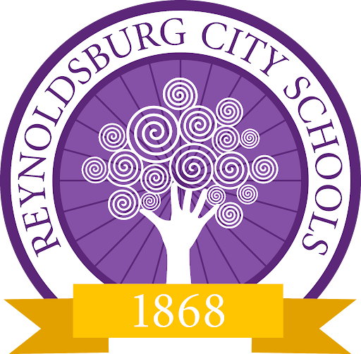 Reynoldsburg City Schools logo with the year 1868 in front of a gold ribbon in front of a purple tree