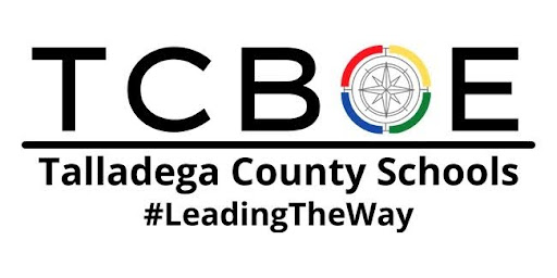 TCBE logo that has a multi-colored circle with a compass inside between the B and E in TCBE with Talladega County Schools # Leading the Way below 