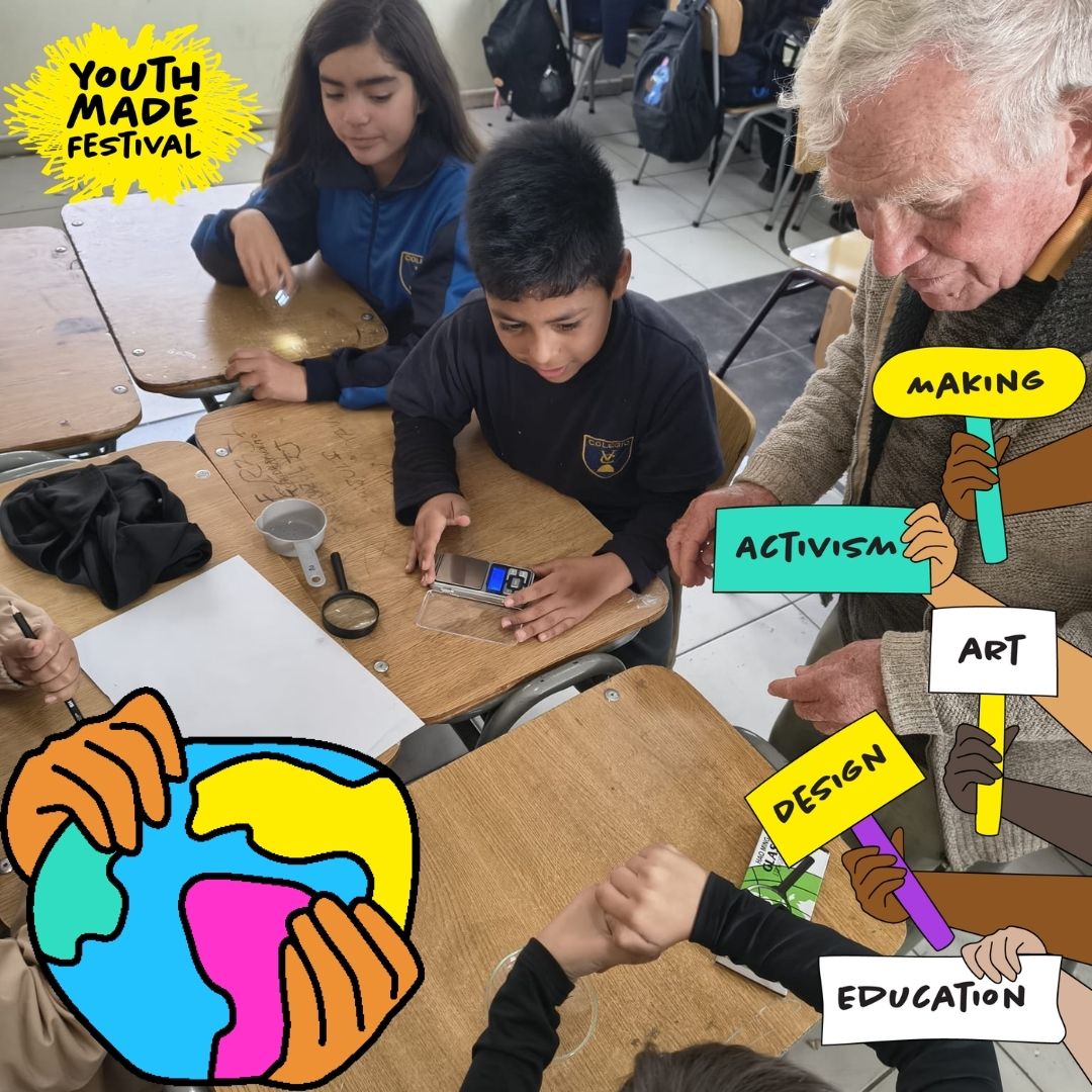 Students work together at desks with a teacher. The YouthMADE Festival icons are interspersed throughout the image. 