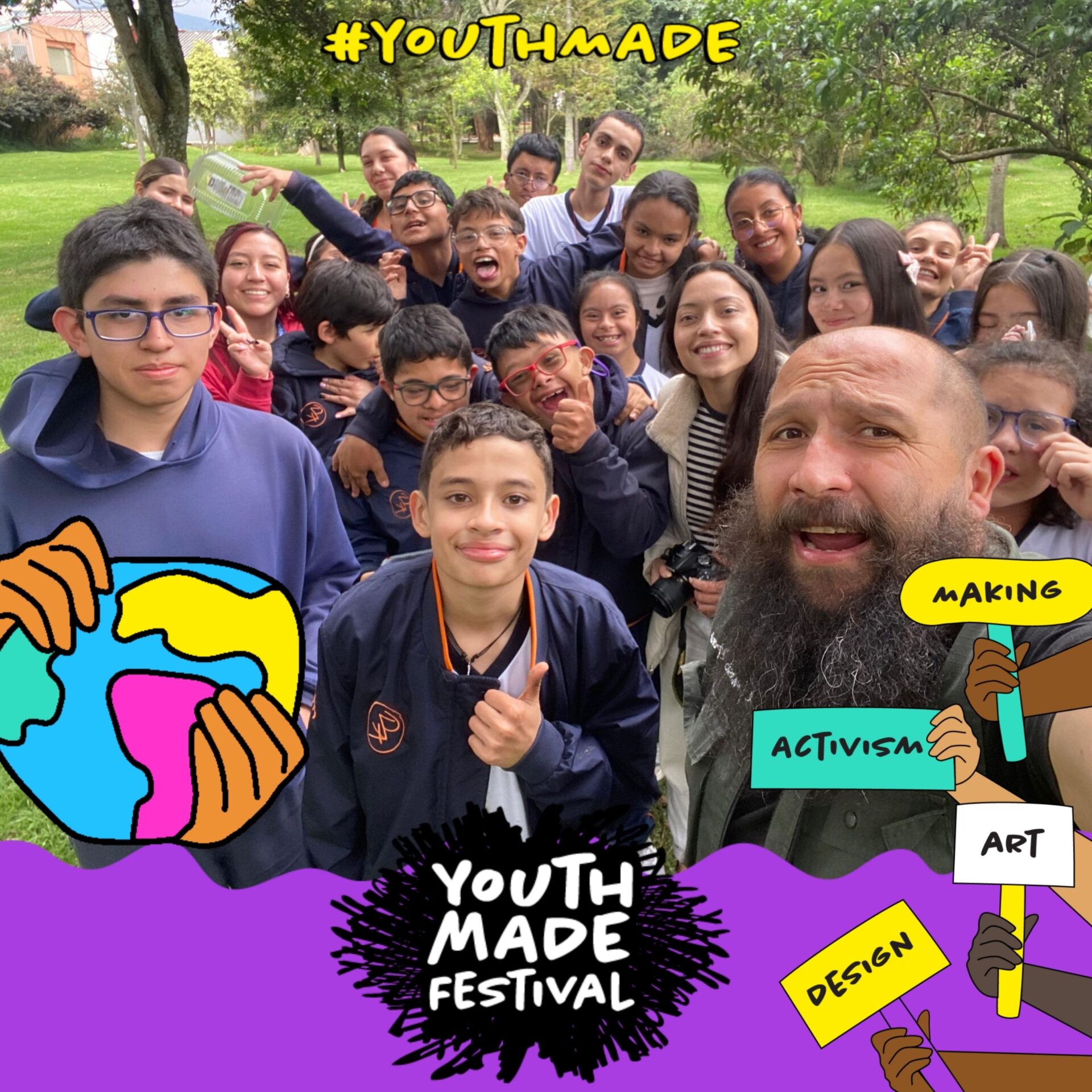 A group selfie with the YouthMADE Festival icons throughout the image