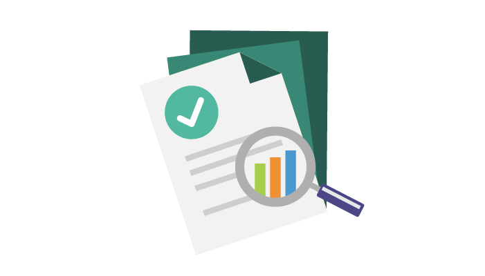 An icon of a report with bar graph under a magnifying glass