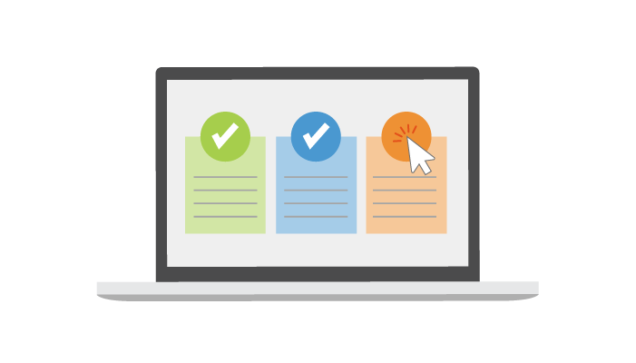 An icon of a three step process where two steps have been completed and the third has a computer mouse icon hovering over it