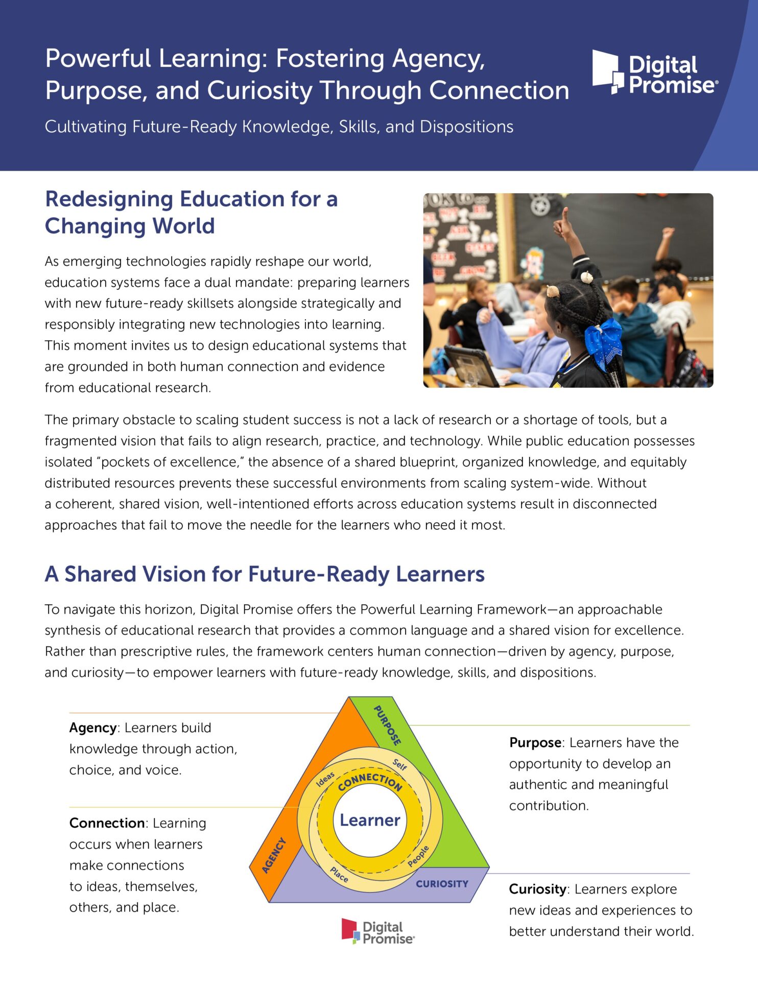 First page of an Executive Summary for Powerful Learning: Fostering Agency, Purpose and Curiosity through Connection. There is an image of a girl raising her hand in a classroom and a figure describing Connection, Agency, Curiosity, and Purpose's importance for learners.
