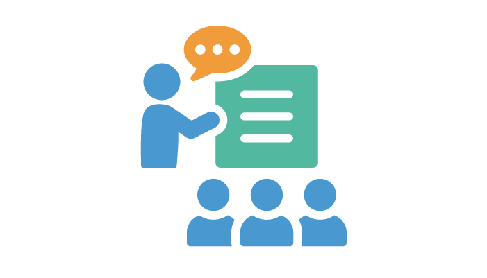 An icon of a person pointing to a presentation with text bubble in front of three other people