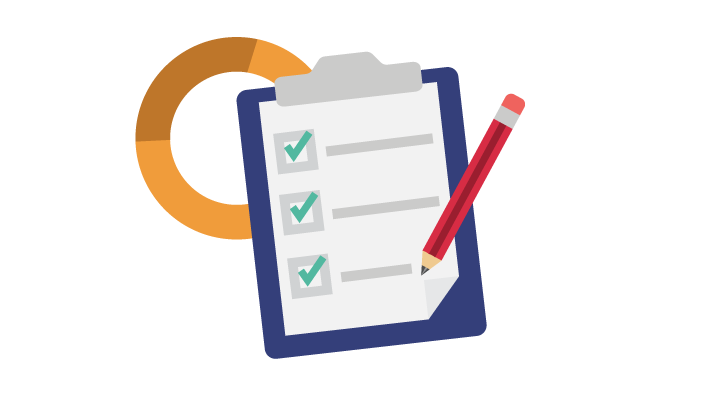An icon of a clipboard with a completed checklist with a pencil