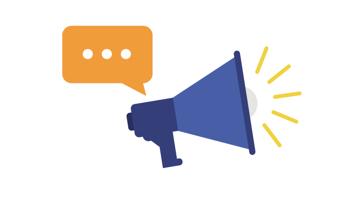 An icon of a megaphone with sound coming out and a text bubble