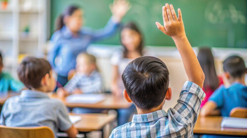 A boy in a plaid shirt, shown from behind, raises his hand in a classroom. Other students sit at desks around him, and an adult stands at the front of the room near a green chalkboard with an arm raised.