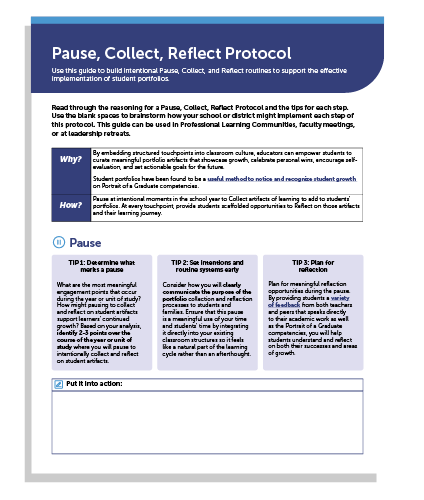 A thumbnail image of the first page of the Pause, Collect, Reflect Protocol guide. There is a Why and How section along with a tip to Pause and reflect, along with space to write and put it into action. 