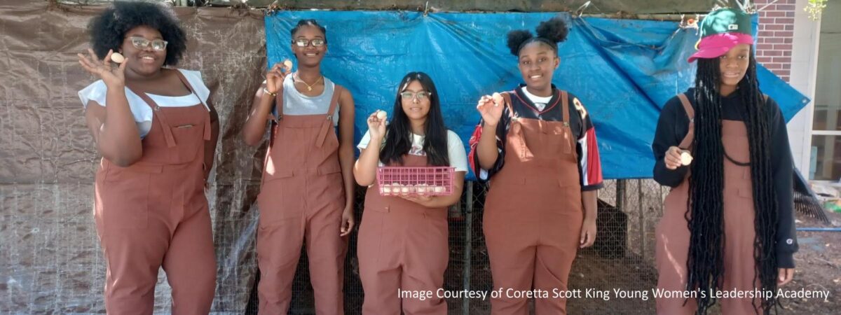 Five teens in matching rust-colored overalls stand in a row outside a chicken coop covered with a blue tarp, each holding an egg, with the girl in the center holding a pink basket of eggs.