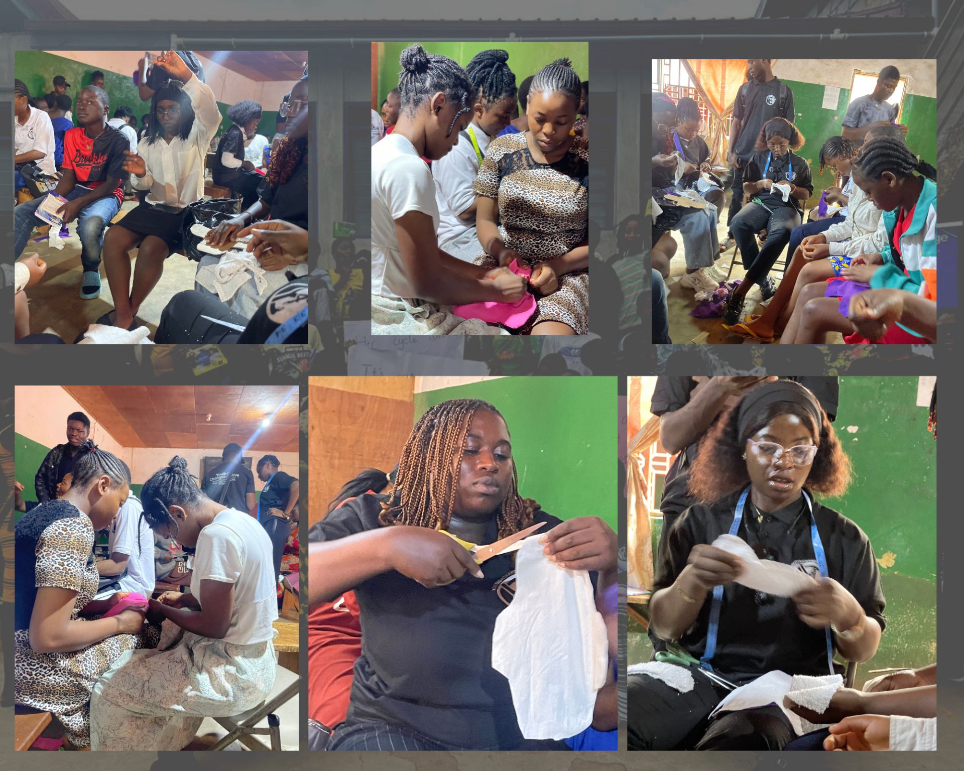 A collage of photos showing girls handling and creating menstrual pads.